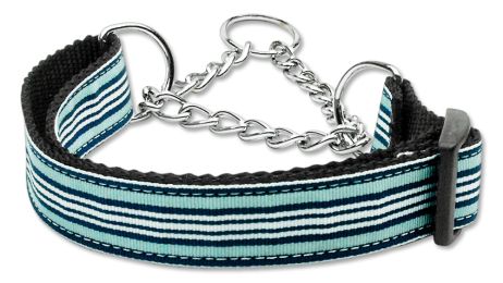 Preppy Stripes Nylon Ribbon Collars Martingale Light Blue/White (Size: (L))